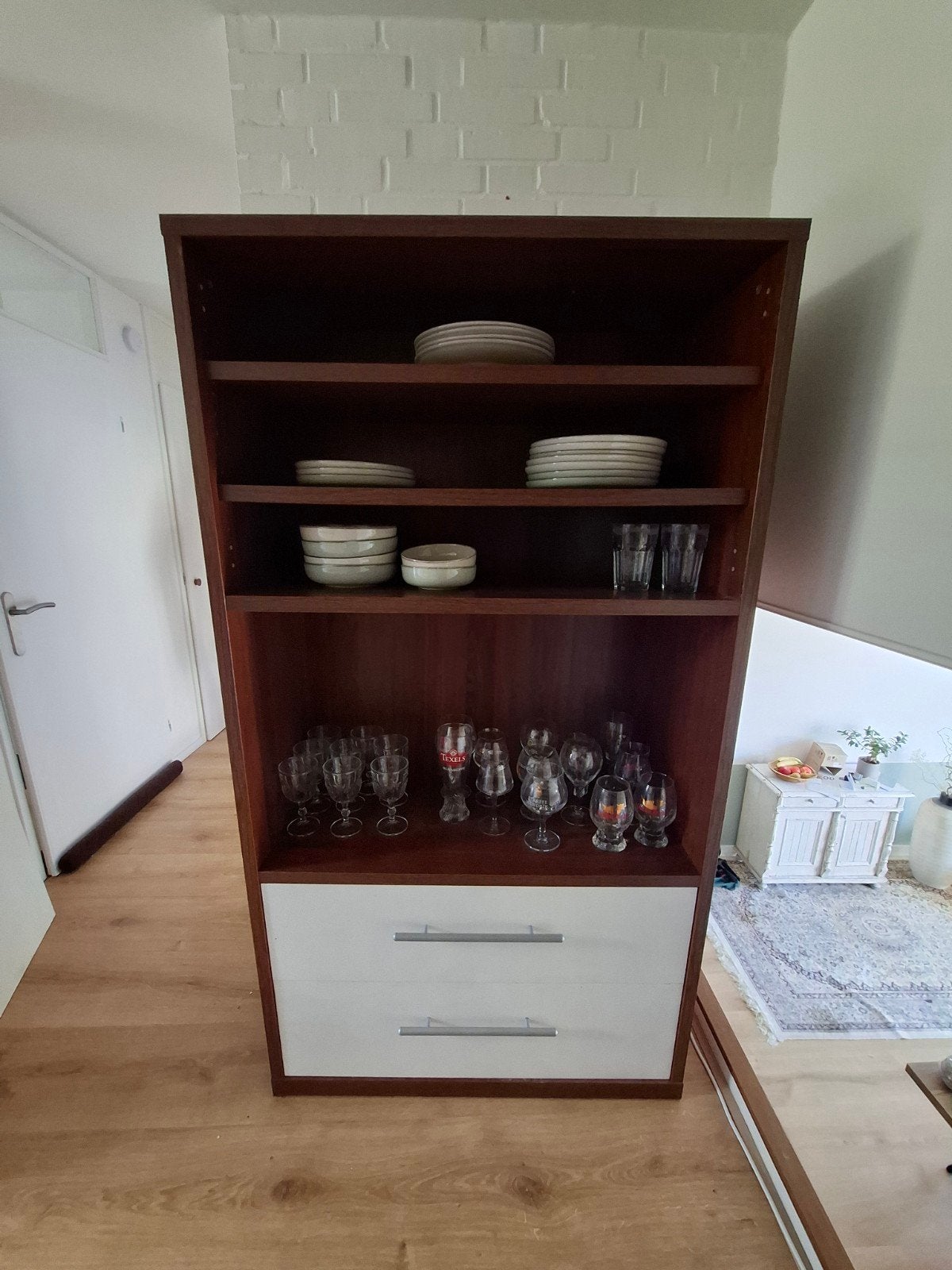 Servieskast open - hout met witte lades, Ophalen, Gebruikt, 50 tot 100 cm, 150 tot 200 cm