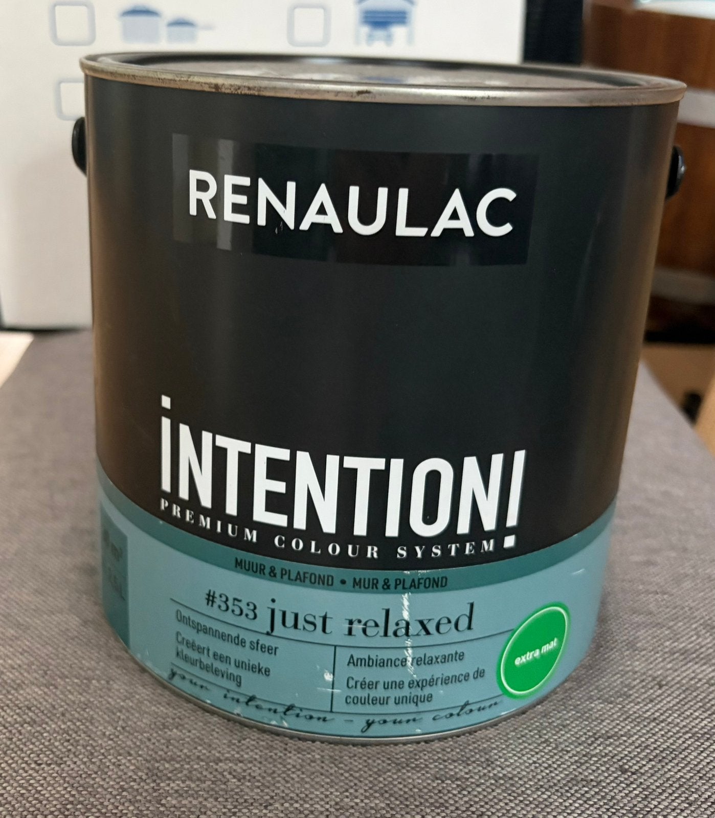 Nieuwe Renaulac Intention! Muur verf #353 Just Relaxed 2.5L, Ophalen, Blauw, Nieuw, Verf