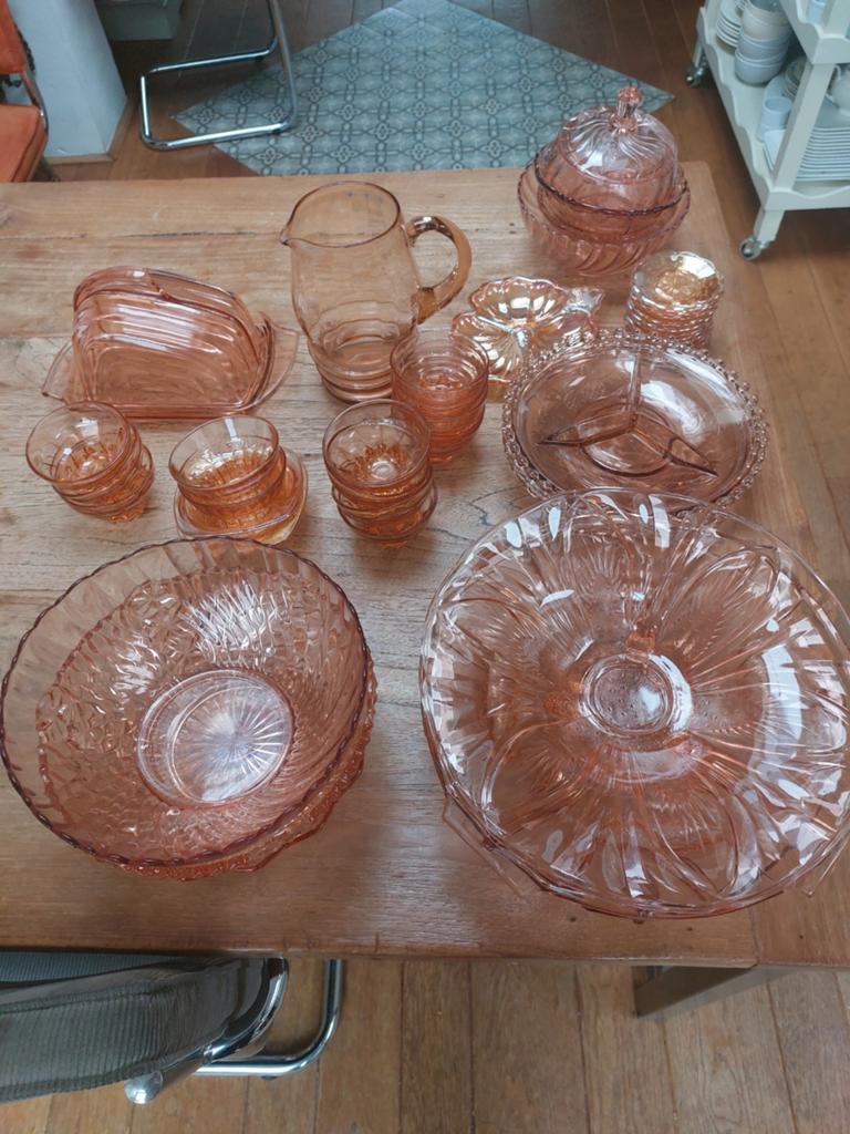 Grote collectie roze glaswerk, vintage servies, Ophalen of Verzenden