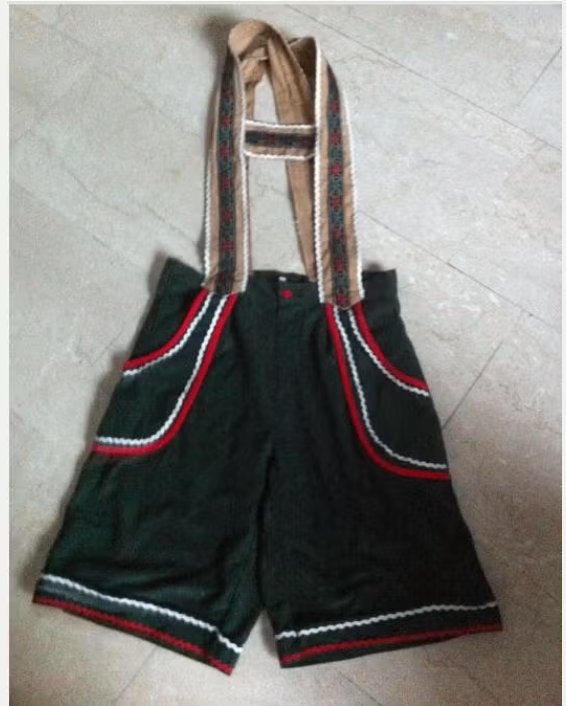 Carnaval heren beierse hose broek mt 50 groen/beige, Carnaval, Maat 48/50 (M), Ophalen of Verzenden, Zo goed als nieuw