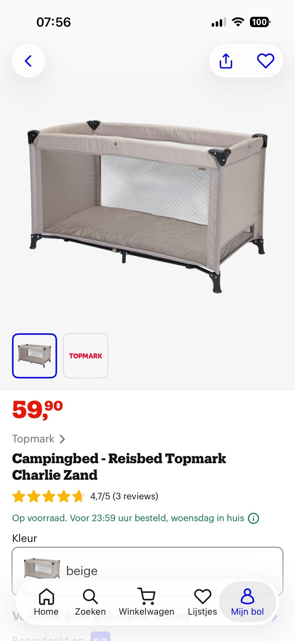 Topmark Charlie Campingbed - Compact en Compleet Reisbed, Nieuw, 70 tot 85 cm, Ophalen of Verzenden, Minder dan 140 cm