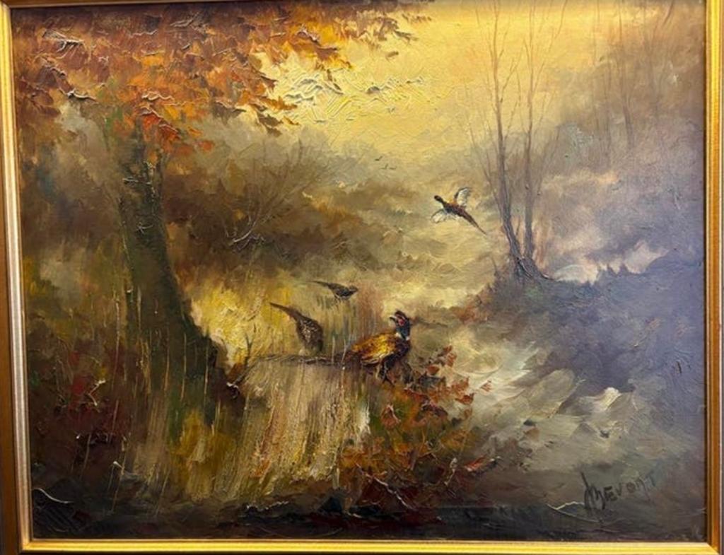 Schilderij met fazanten in herfstbos - J Bevort, Antiek en Kunst, Kunst | Schilderijen | Klassiek, Ophalen
