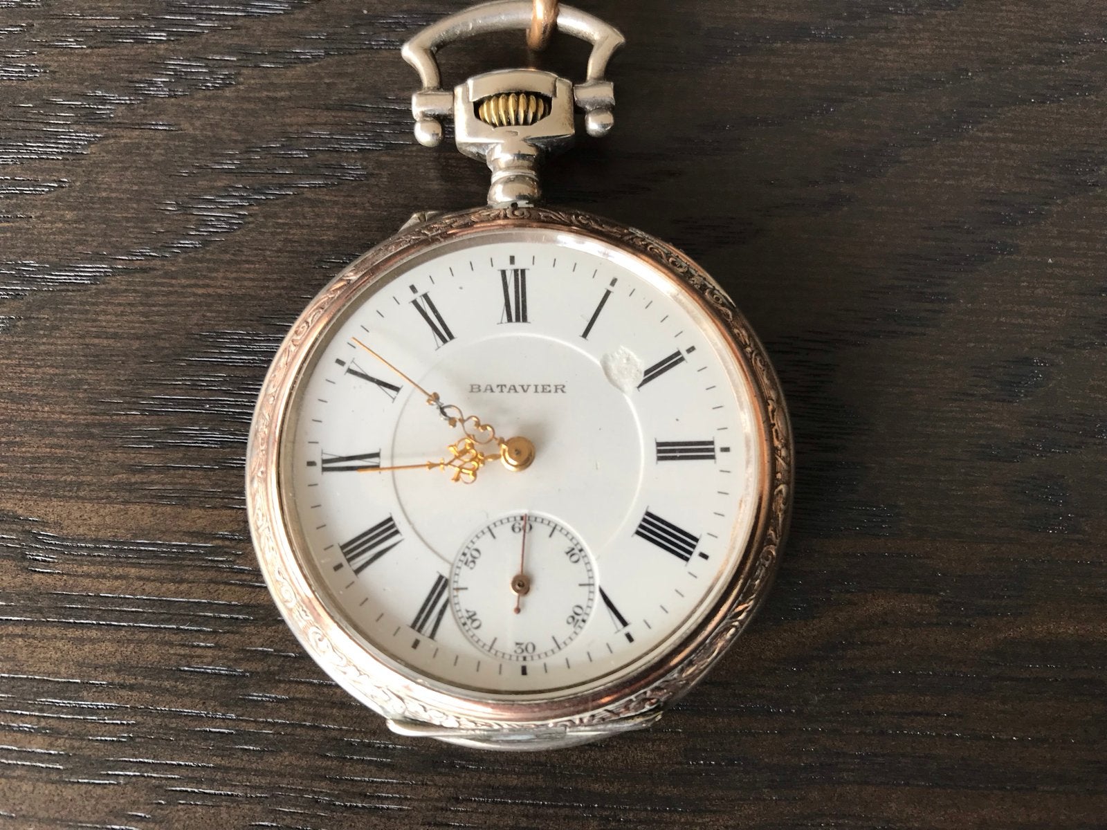 Antiek Batavier Zakhorloge met Paarden Gravure en Ketting, Overige merken, Zakhorloge, 1900 tot 1930, Ophalen of Verzenden