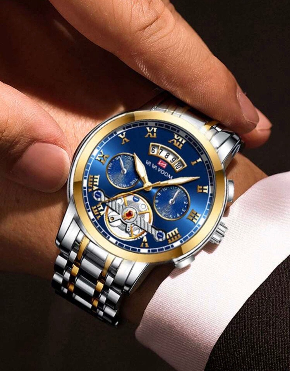 Luxe Herenhorloge - Blauw/Goud/Zilver - VAVA VOOM, Overige merken, Staal, Verzenden, Polshorloge
