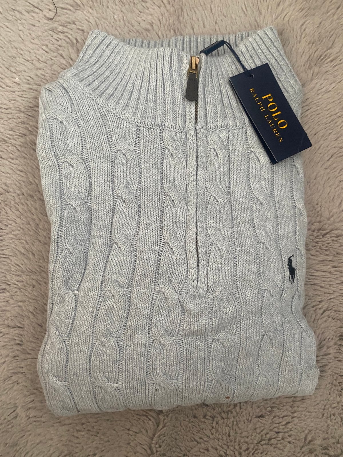 Polo Ralph Lauren kabelgebreide trui met rits - Nieuwkoltrui, Kleding | Heren, Verzenden, Nieuw, Maat 46 (S) of kleiner, Grijs