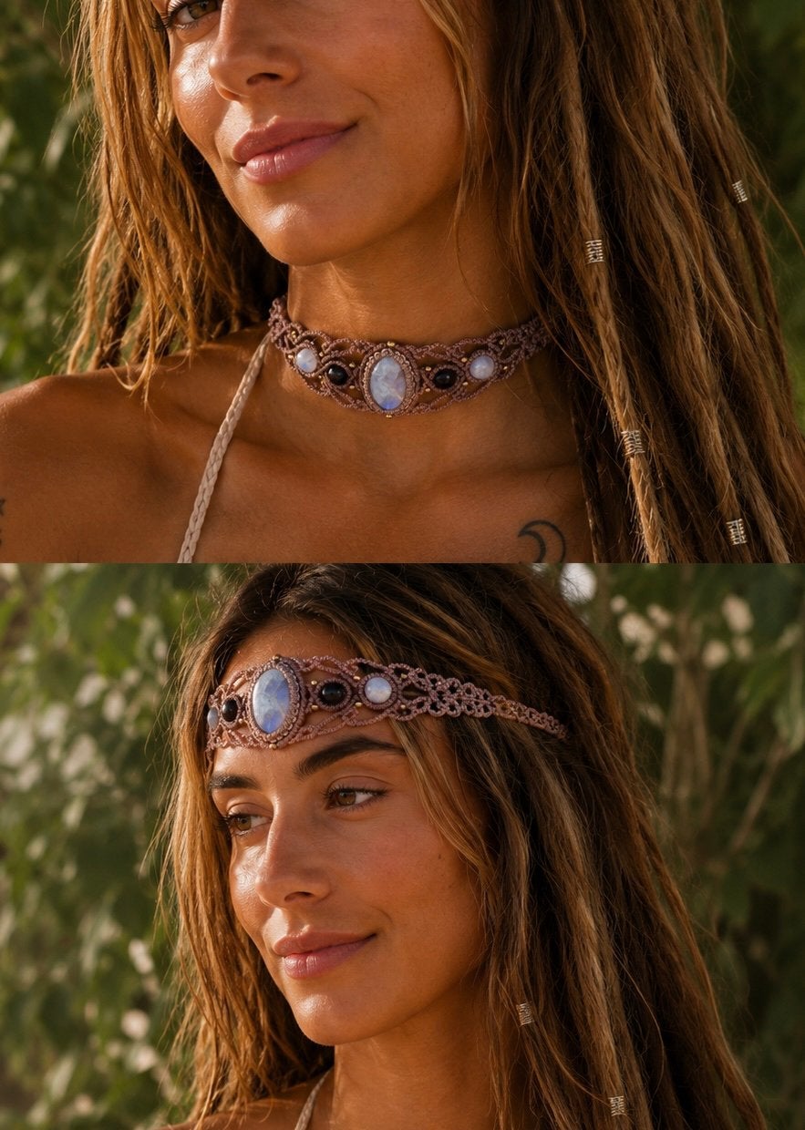Macrame ketting/choker maansteen, Ophalen of Verzenden