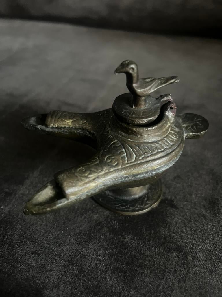Antiek Bronzen Byzantijnse Olielamp met Dubbele Snuit., Antiek en Kunst, Antiek | Lampen, Ophalen of Verzenden