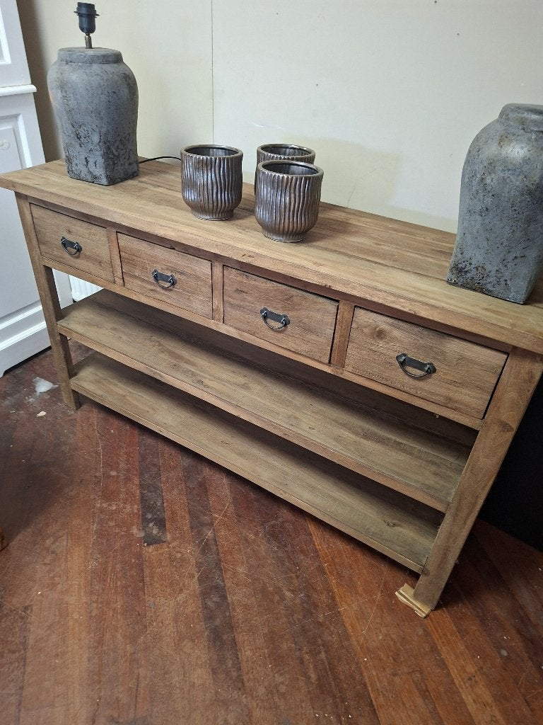 Stoere oud teakhouten sidetable 140 cm, Ophalen, Met plank(en), 100 tot 150 cm, Teakhout