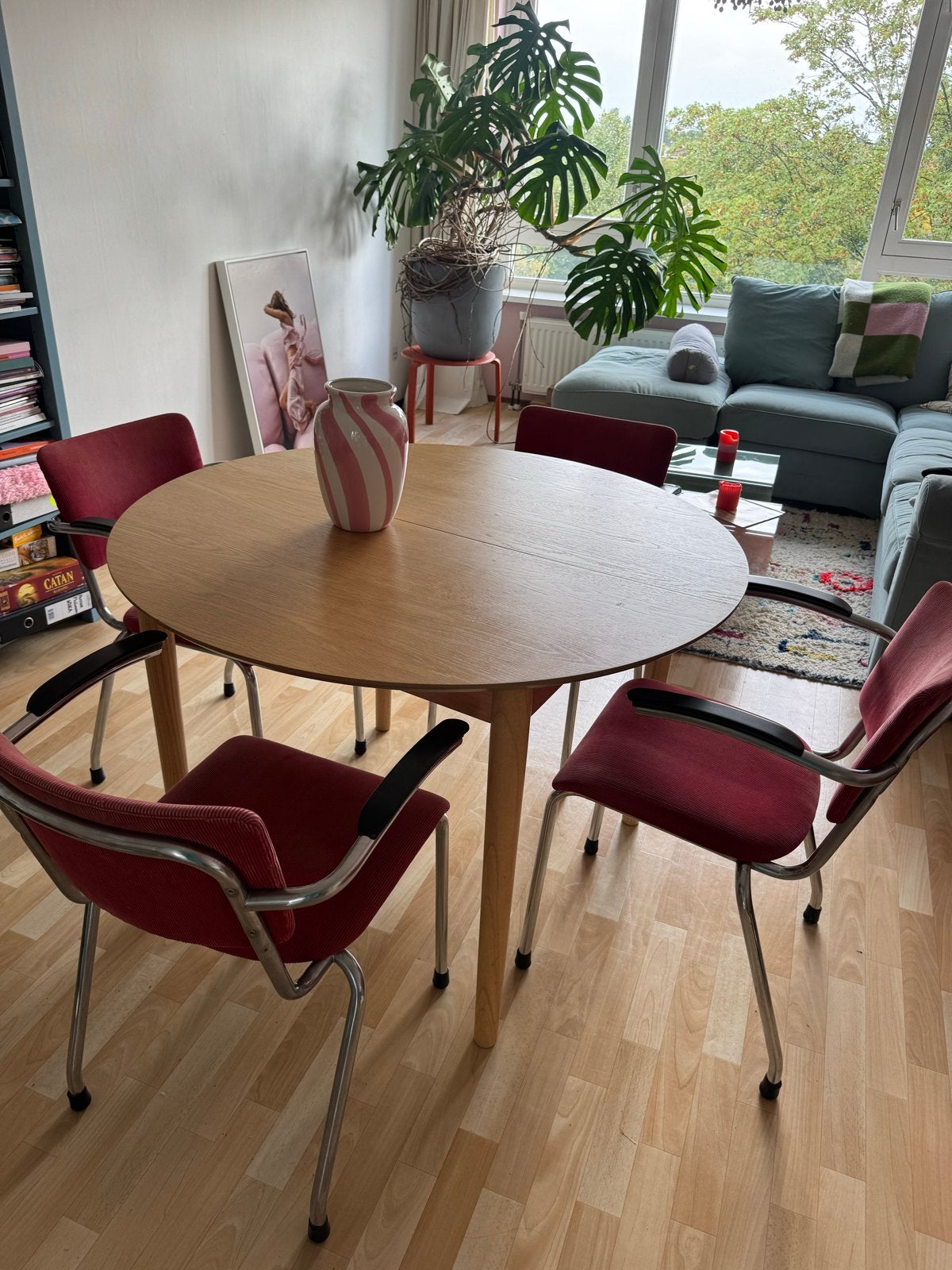 Set van 4 rode rib eetkamerstoelen (gips achtig/buisstoelen), Ophalen, Gebruikt, Vier, Stof