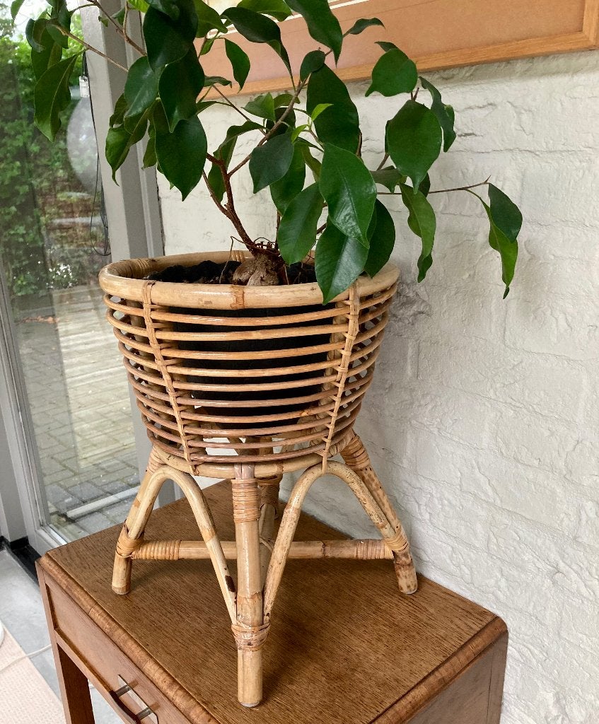 Plantenstandaard, vintage / boho rotan jaren 60., Gebruikt, Minder dan 30 cm, Rond, Ophalen of Verzenden