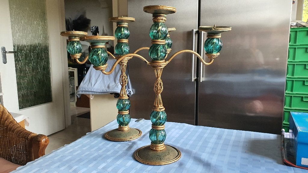 Twee Griekse kaarsen kandelaars ijzer met glas goud kleurig, Ophalen, Zo goed als nieuw, Metaal, Kandelaar