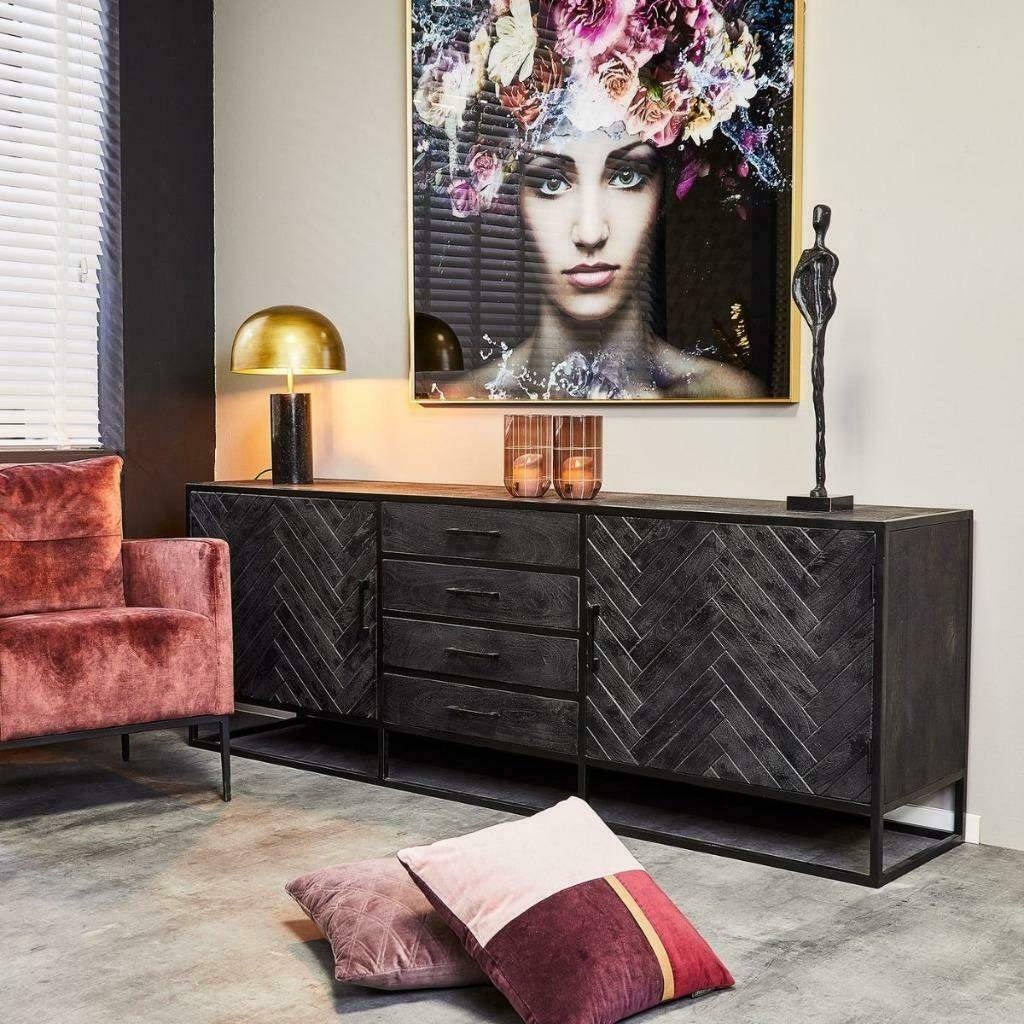 Visgraat dressoir / ladekast New-York, zwart mangohout., Huis en Inrichting, Kasten | Ladekasten, Overige houtsoorten, 150 tot 200 cm