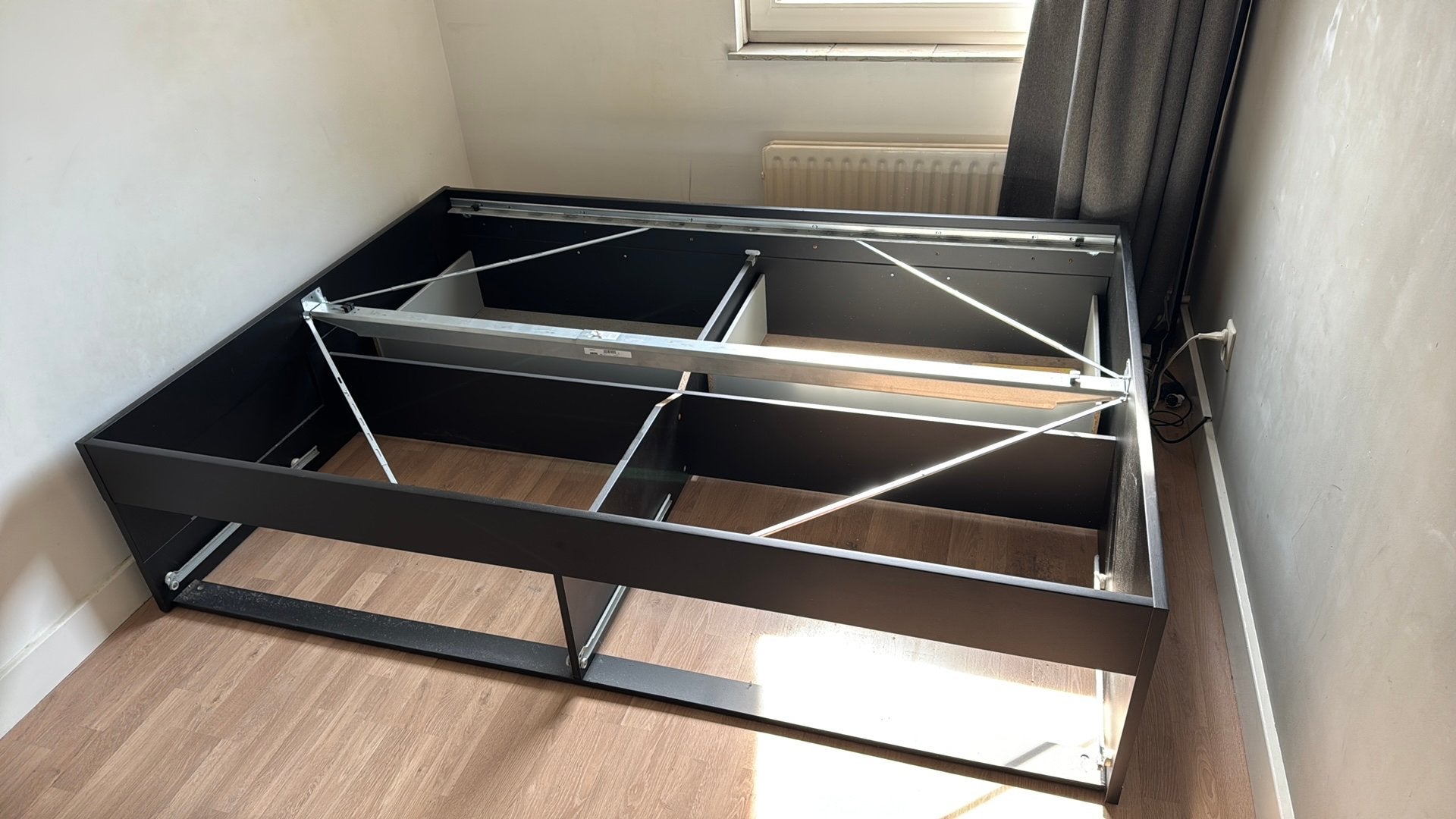 Ikea bed brimnes Zwart - 140x200 incl lattenbodem, ex matras, Gebruikt, Zwart, Tweepersoons, 200 cm