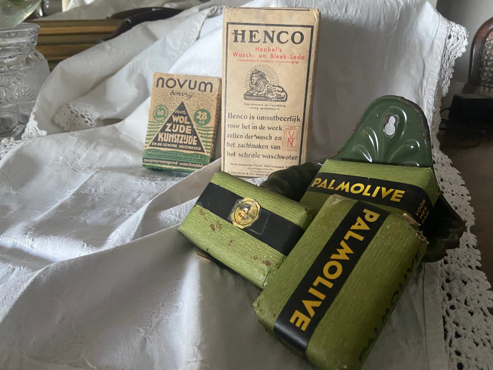 Vintage Palmolive zeep, Henco en Novum wasmiddel en zeepbak, Verzamelen, Ophalen of Verzenden, Gebruikt