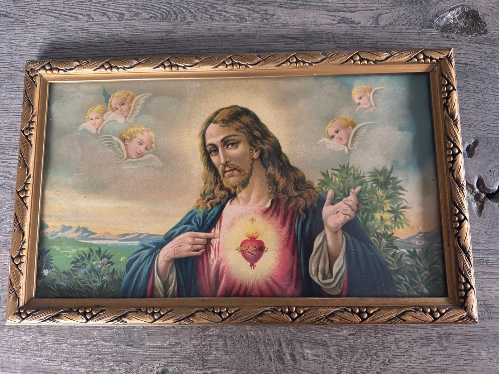 Vintage Jezus Christus Heilig Hart Afbeelding Lijst, Ophalen of Verzenden