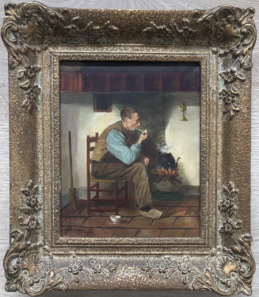 H.J. van Langen (1874-1964) - Pijp rokende heer bij ketel, Antiek en Kunst, Kunst | Schilderijen | Klassiek, Ophalen of Verzenden