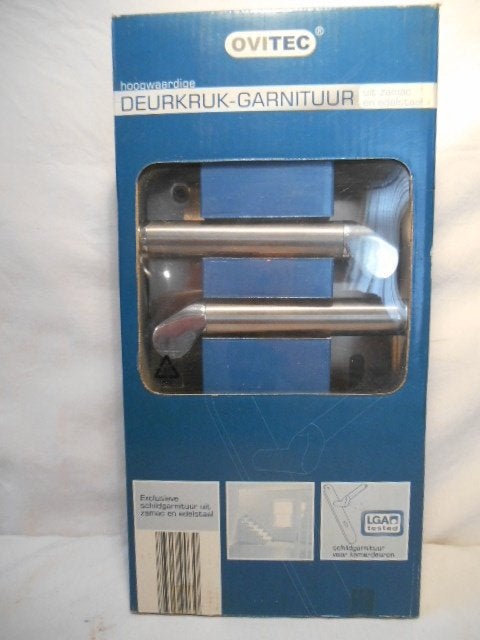 Nieuwe Ovitec moderne deurkruk garnituur met schild, Ophalen of Verzenden, Nieuw, Chroom, Klink of Kruk