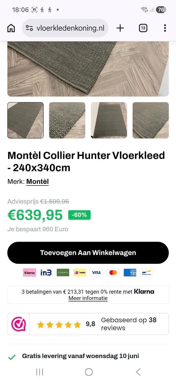 Montel zgan design wollen vloerkleed!, Huis en Inrichting, Stoffering | Tapijten en Kleden, Ophalen, 200 cm of meer, Zo goed als nieuw