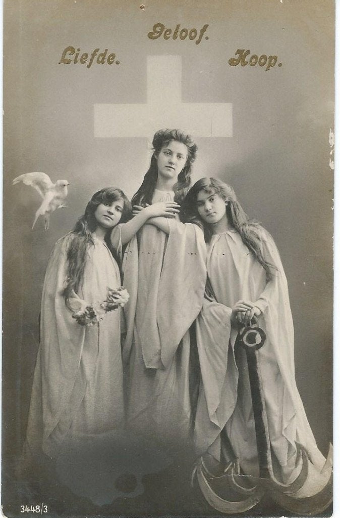 Antieke Ansichtkaart: Geloof, Hoop en Liefde (ca. 1900), Ophalen of Verzenden, Voor 1920, Gelopen, Overige thema's