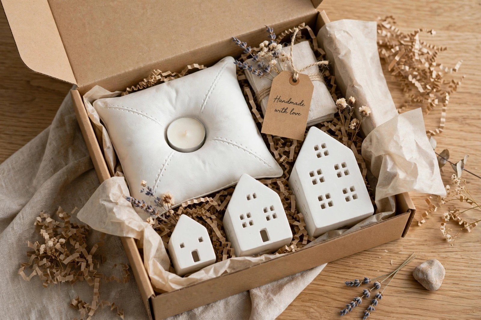 Foto 3 van Handgemaakt Raysin setje: kussen theelichthouder & huisjes
