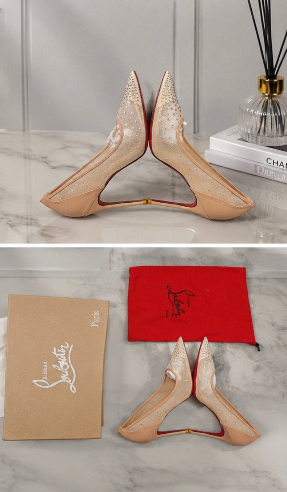 Christian Louboutin Follies Strass Pumps – Nude&Black 100mm, Ophalen of Verzenden, Zo goed als nieuw, Beige