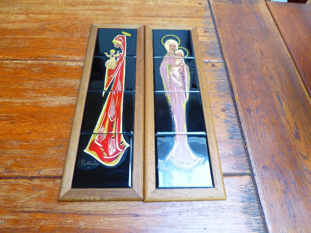 2 vintage tegeltableaus met  Maria en Jezus Mettlach, Antiek en Kunst, Antiek | Wandborden en Tegels, Ophalen of Verzenden