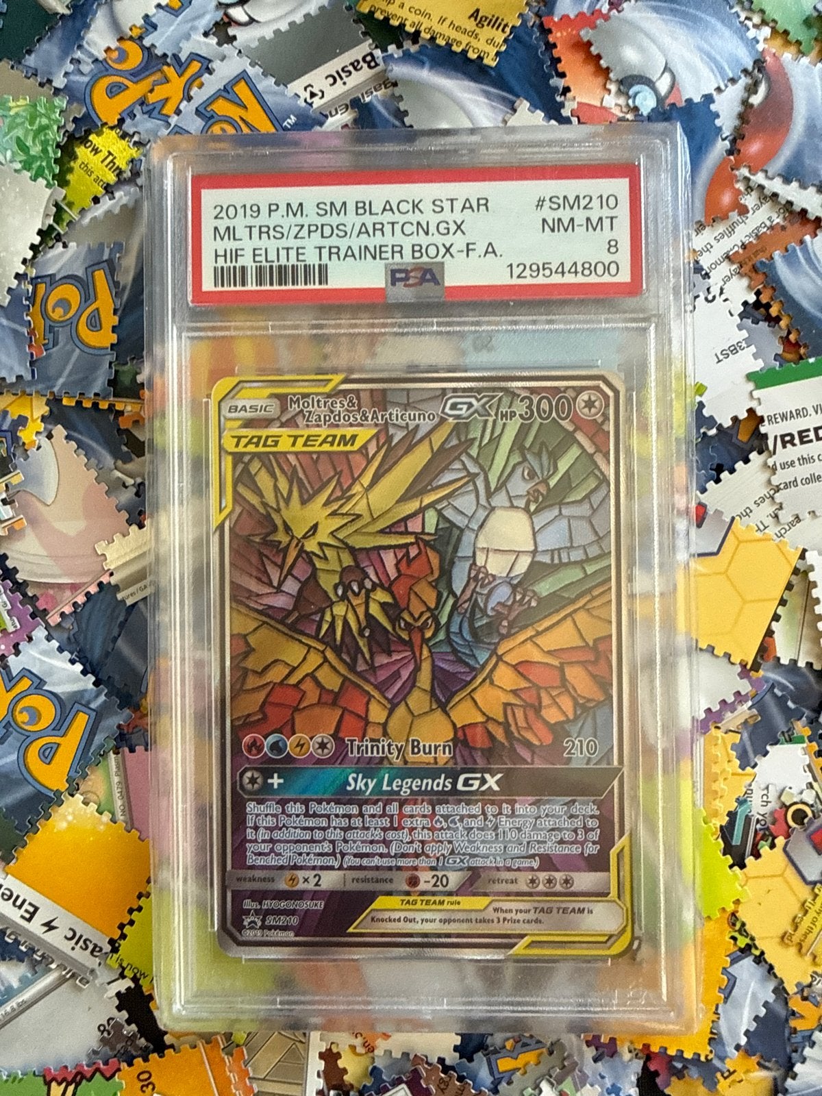 Moltres & Zapdos & Articuno GX SM210 PSA 8 Pokemon Kaart, Ophalen of Verzenden, Zo goed als nieuw, Losse kaart