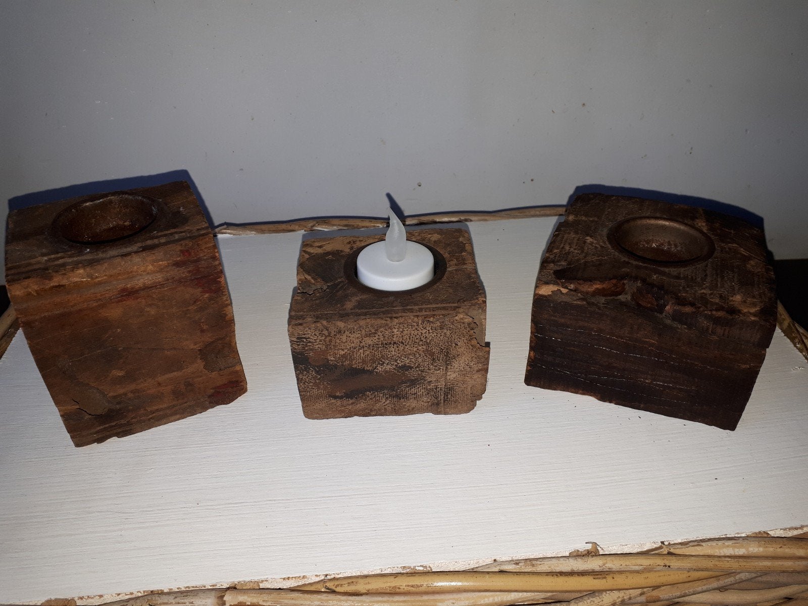 Poer mini  India waxinehouders hout rustiek oud, Huis en Inrichting, Ophalen of Verzenden, Zo goed als nieuw, Hout