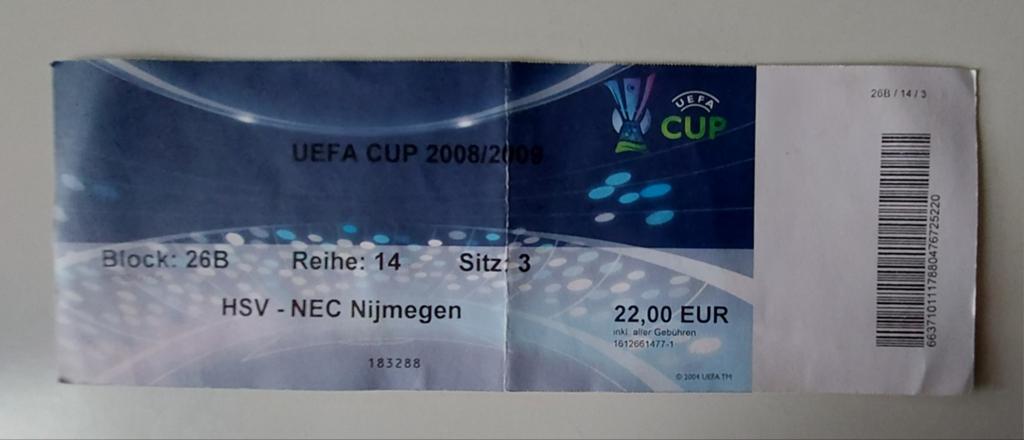 UEFA Cup 2008-2009 ticket HSV - NEC Nijmegen, Verzamelen, Sportartikelen en Voetbal, Ophalen of Verzenden, Gebruikt, Overige binnenlandse clubs
