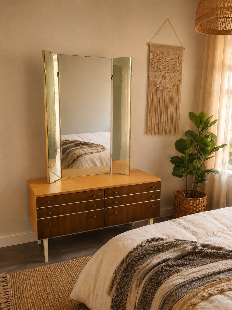Vintage jaren 60 kaptafel drieluik spiegel MidCentury, Huis en Inrichting, Tafels | Kaptafels, Ophalen, 100 tot 150 cm, Zo goed als nieuw