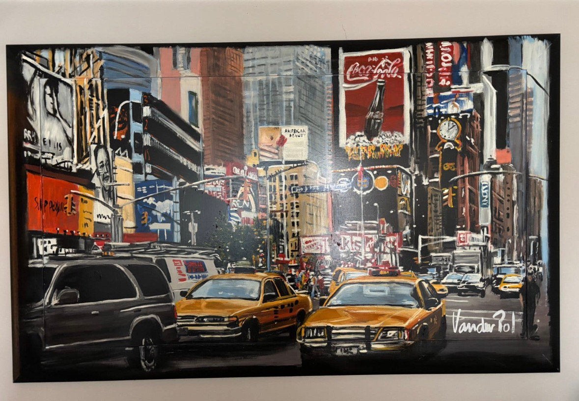 Groot schilderij New York Times Square taxi’s /van de Poll, Antiek en Kunst, Ophalen