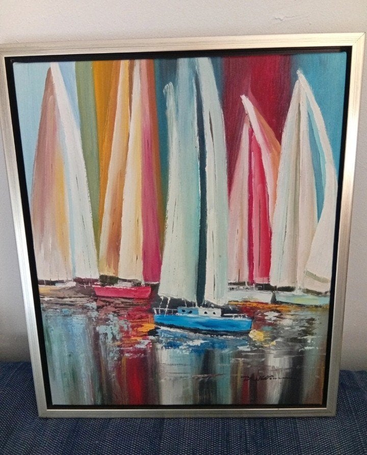 Prachtig schilderij met kleurrijke zeilboten in gouden lijst, Antiek en Kunst, Ophalen, Handgeschilderd, Acrylverf, Maritiem / water