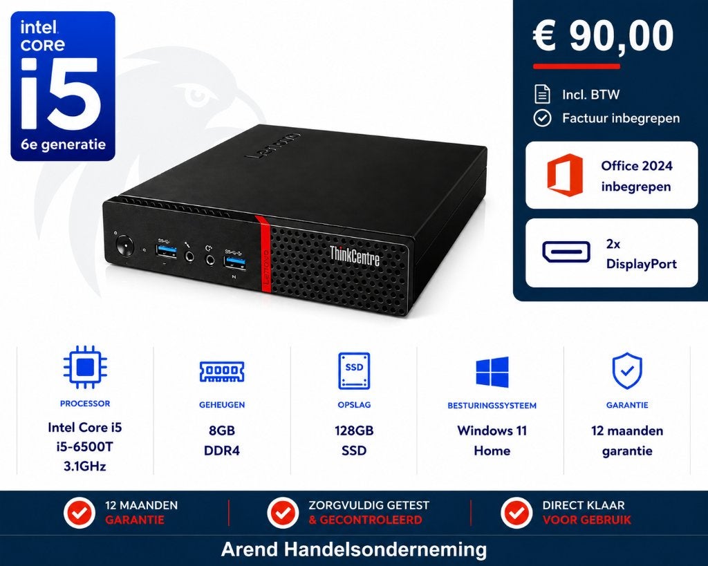 Lenovo Tiny M900 i5-6500T 3.1GHz 8GB 128GB SSD Office 24, Computers en Software, Desktop Pc's, Gebruikt, 3 tot 4 Ghz, SSD, 8 GB