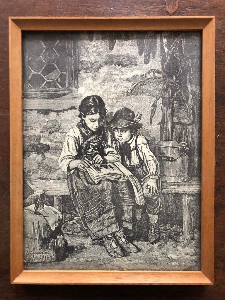 Oude Gravure Franz von Defregger - Studie van Kinderen, 1800 - 1899, Ophalen of Verzenden, Gravure, Ingelijst