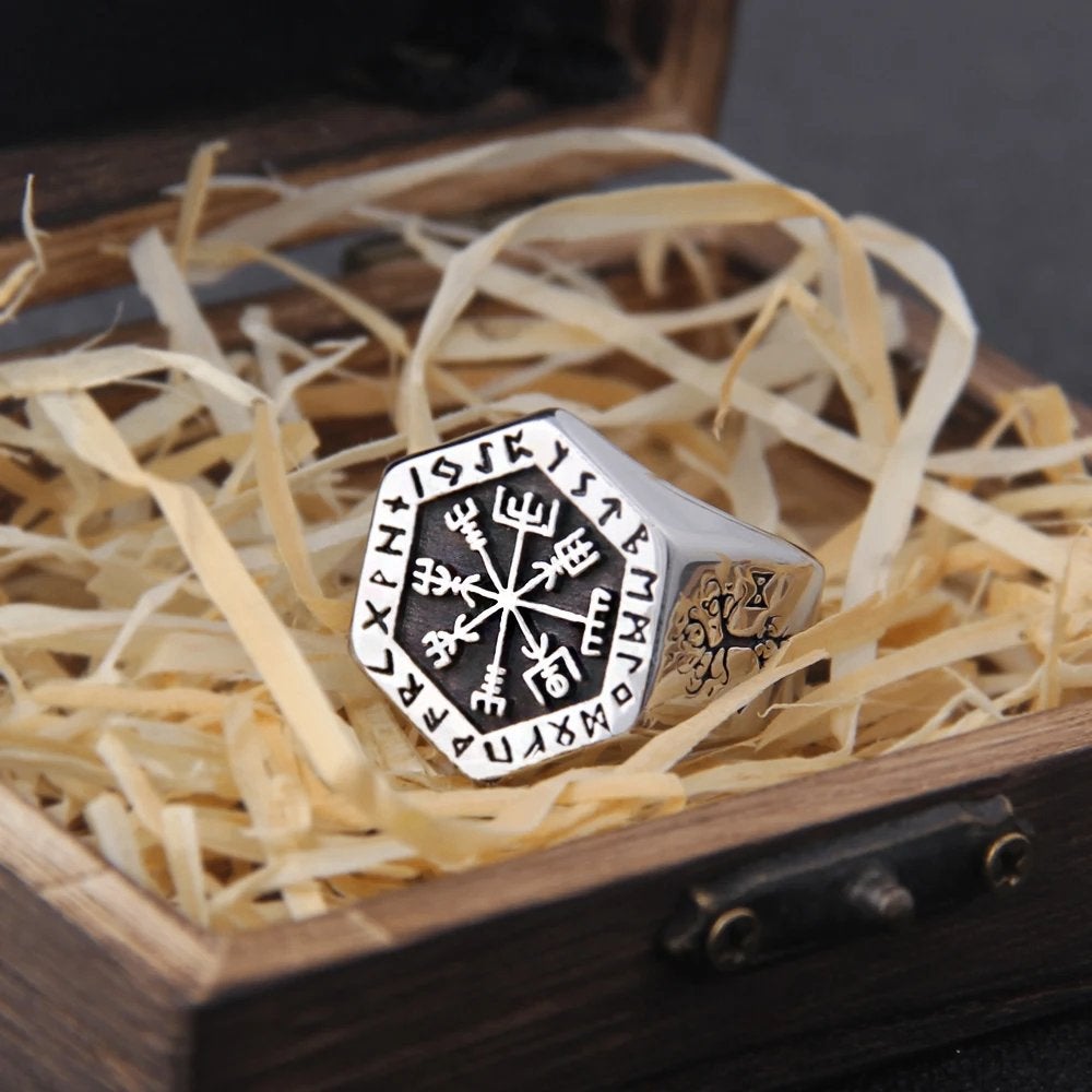 Viking Rune Stalen Ring Voor Heren, 20 of groter, Heer, Nieuw, Zilver