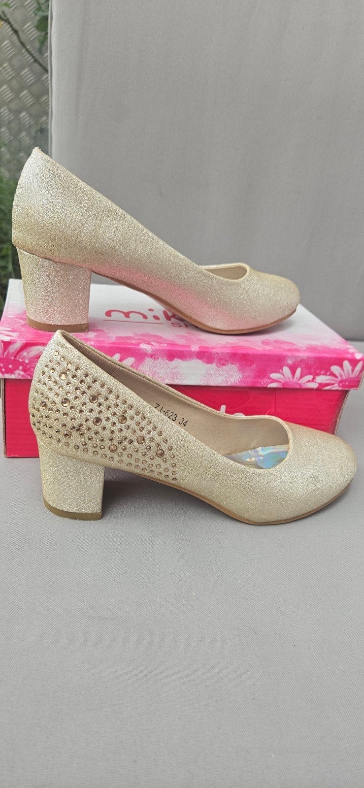 Gouden Mikelo Pumps met Strass - Maat 34, Ophalen of Verzenden, Zo goed als nieuw, Overige kleuren