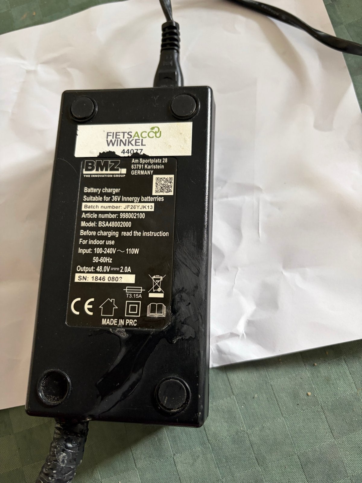 BMZ Fietsacculader 48V 2.0A voor 36V Innergy accu's, Gebruikt