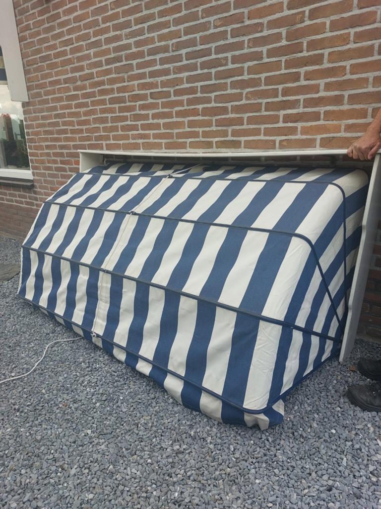 Markies zonnescherm blauw/ecru - 200x115x70 cm, Ophalen, Gebruikt, Minder dan 250 cm, Markies