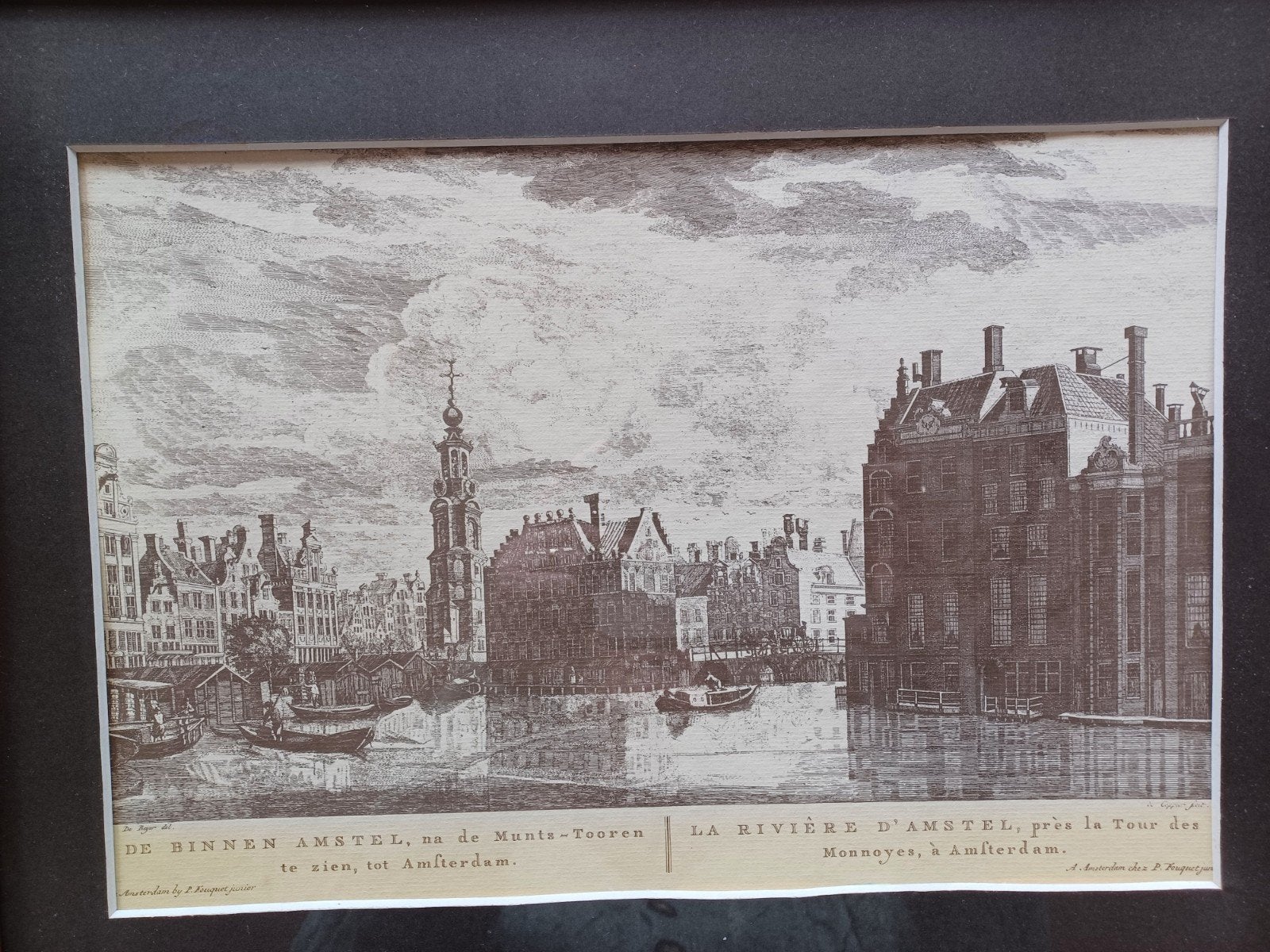 Kopergravure Amsterdam Amstel met gezicht op Muntplein 1805, Ingelijst, Stadsgezicht, Ophalen of Verzenden, Gravure