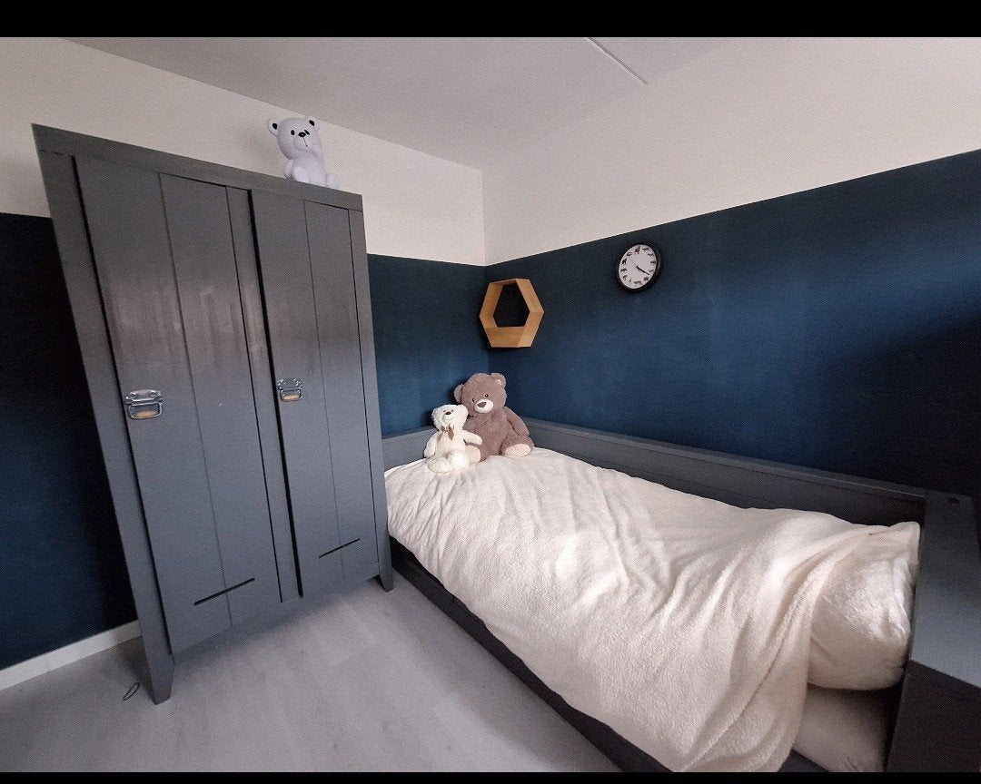 Woood bed met lade en kast - Grijs/Antraciet, 85 tot 100 cm, Gebruikt, 180 cm of meer, Ophalen