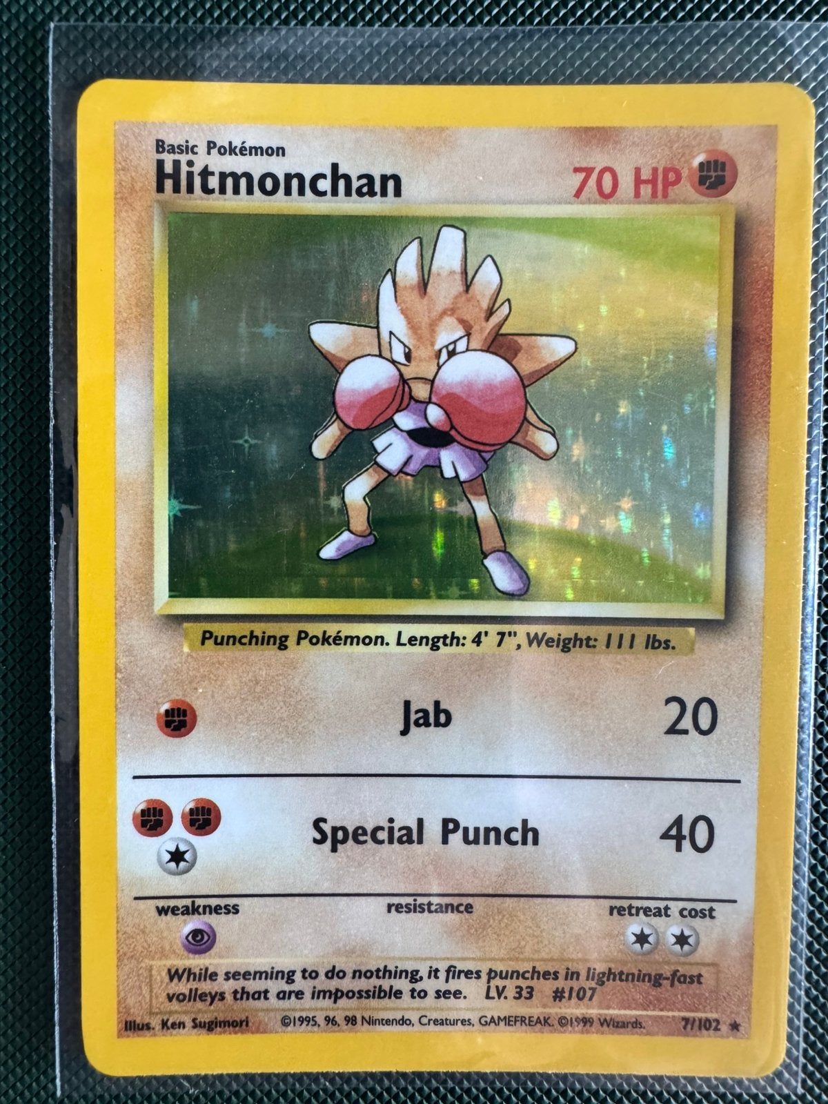 Hitmonchan - Base 7/102 - Holo - Engels, Ophalen, Gebruikt, Losse kaart, Foil