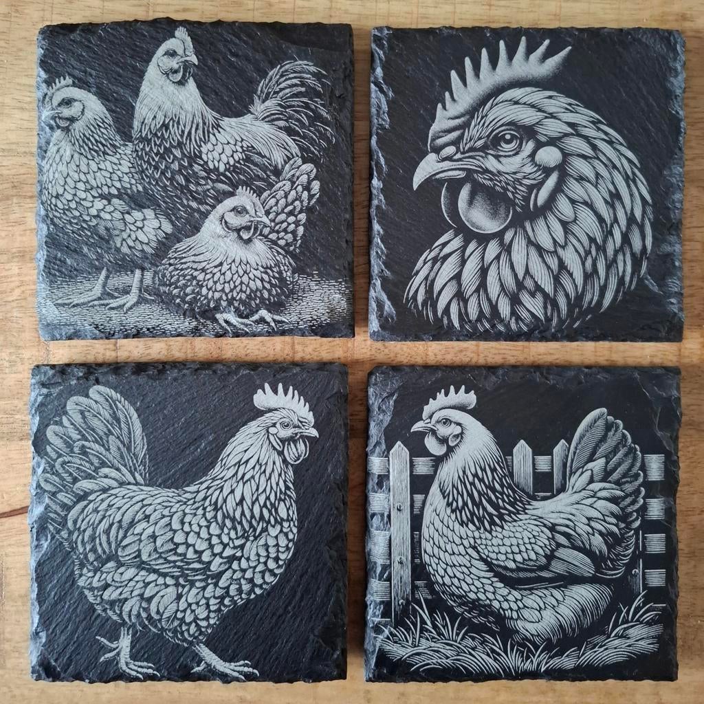 Leisteen onderzetters met kip design - set van 4, Ophalen of Verzenden, Nieuw, Glas of Kopje