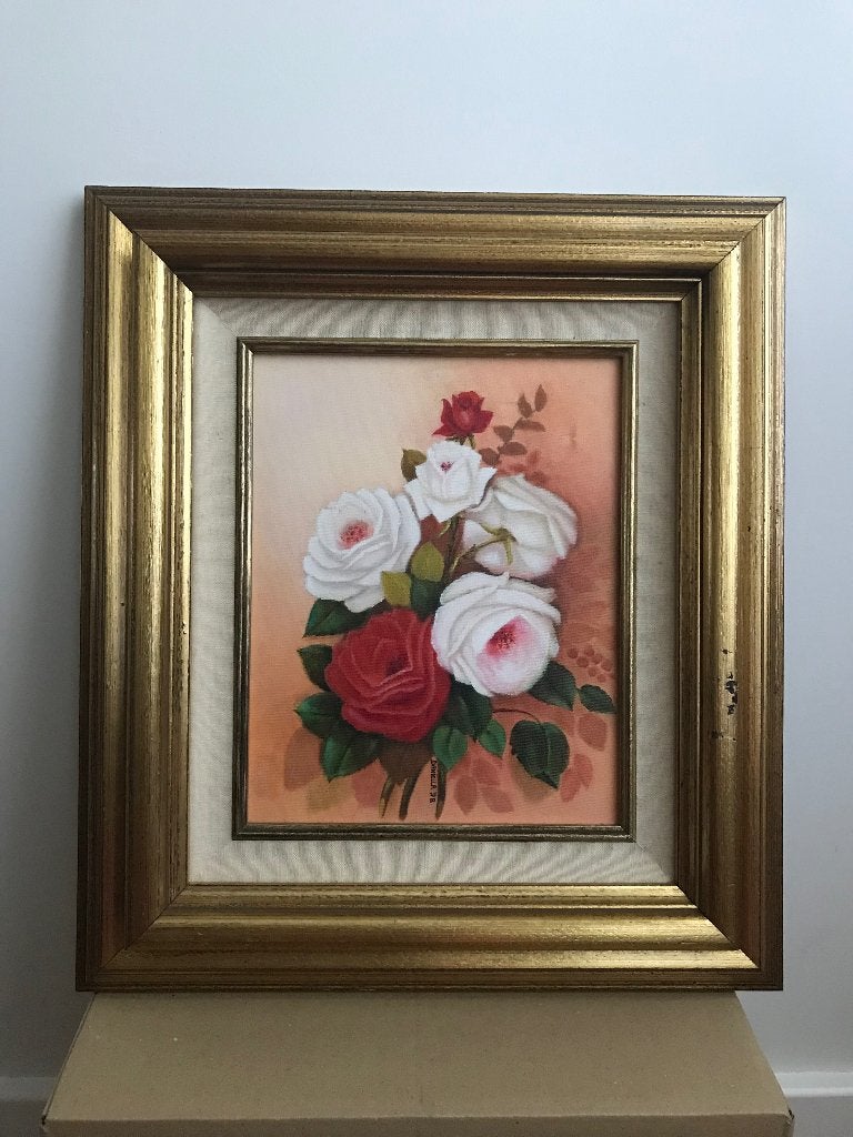 Goudkleur houten lijst schilderij bloemen rozen Daniella 98, Ophalen of Verzenden, Bloemen, Doek