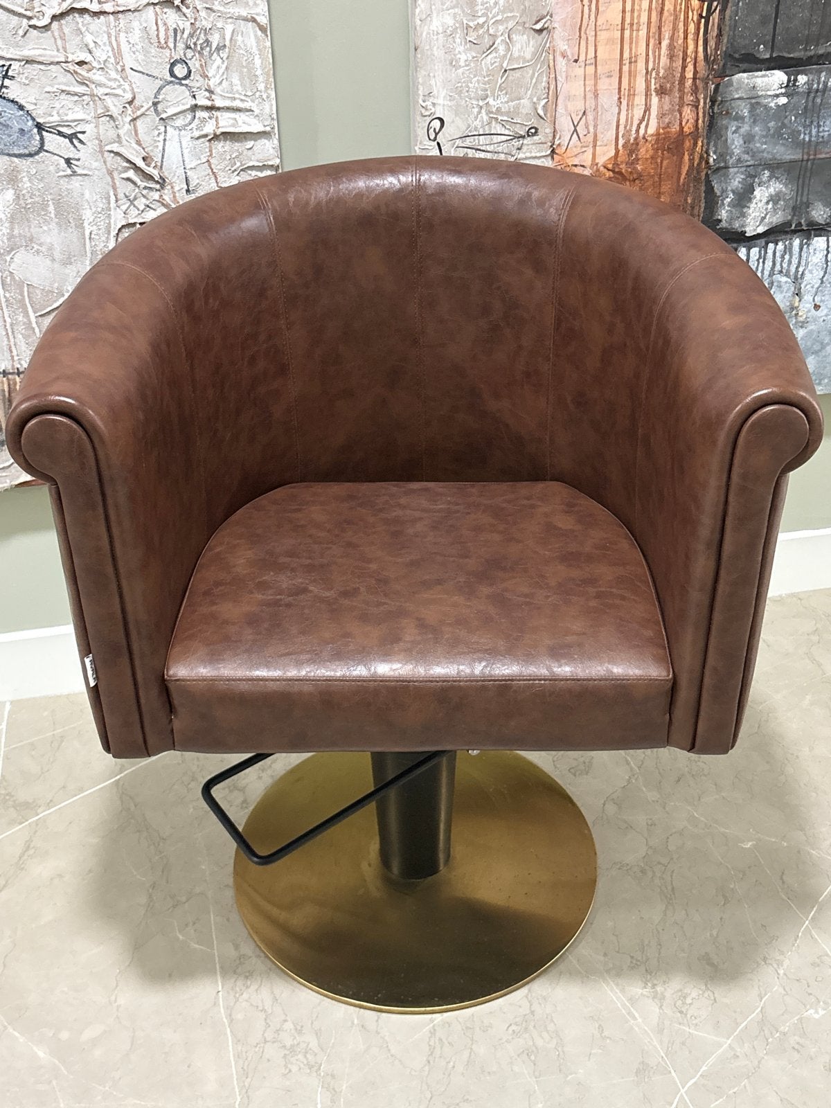 Luxe Bruine kapper Fauteuil met Gouden Voet - Draaibaar, Ophalen, Bruin, Leer, Zo goed als nieuw