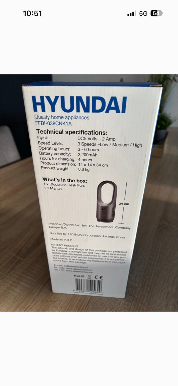 Hyundai Bladeless Desk Fan - Nieuw in doos, Ophalen of Verzenden, Nieuw, Tafelventilator