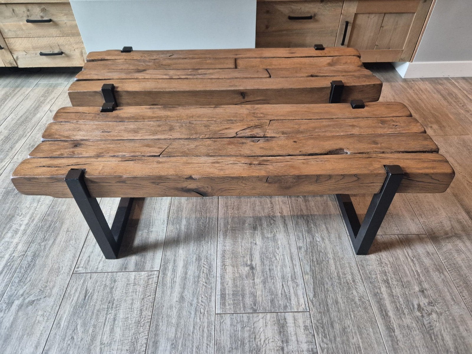 Eiken salontafels met RVS zwarte poten, Huis en Inrichting, Ophalen, Minder dan 50 cm, 100 tot 150 cm, Eikenhout
