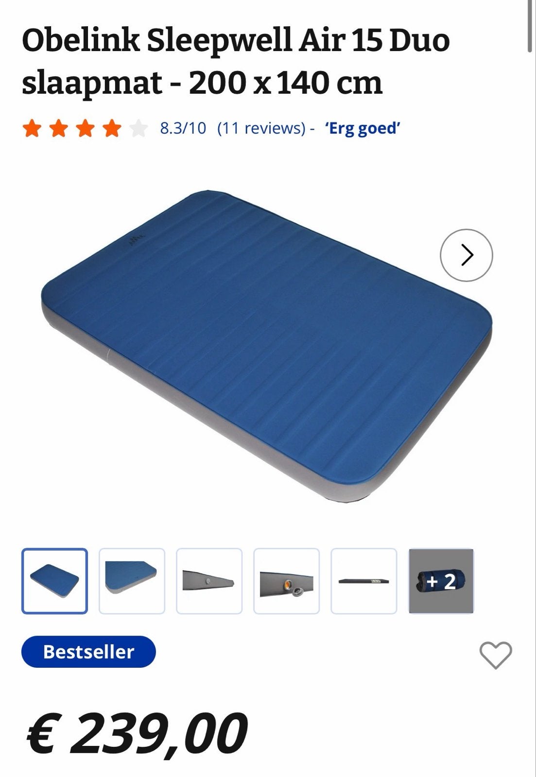 Obelink Sleepwell Air 15 Duo slaapmat - 200 x 140 cm, Ophalen, Zo goed als nieuw, 2-persoons