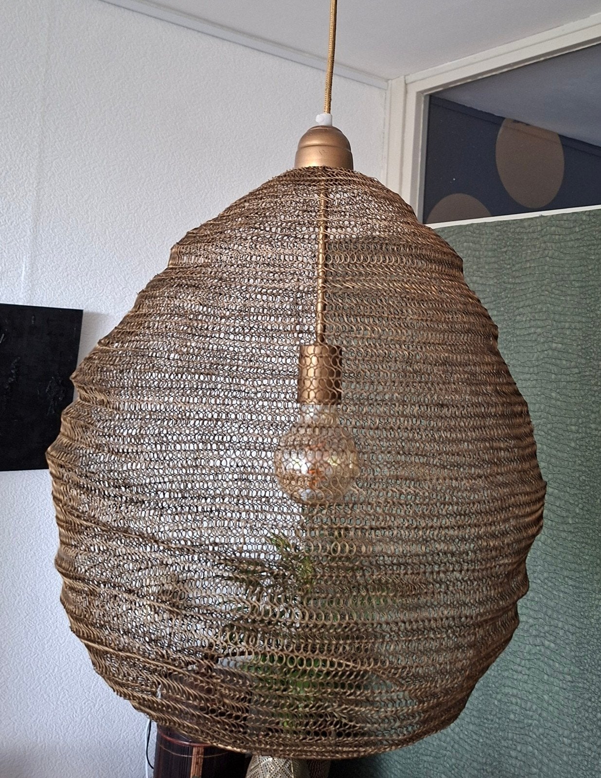 Metalen 'visnet' hanglamp, Huis en Inrichting, Lampen | Hanglampen, Ophalen of Verzenden, Zo goed als nieuw, Metaal, Boho