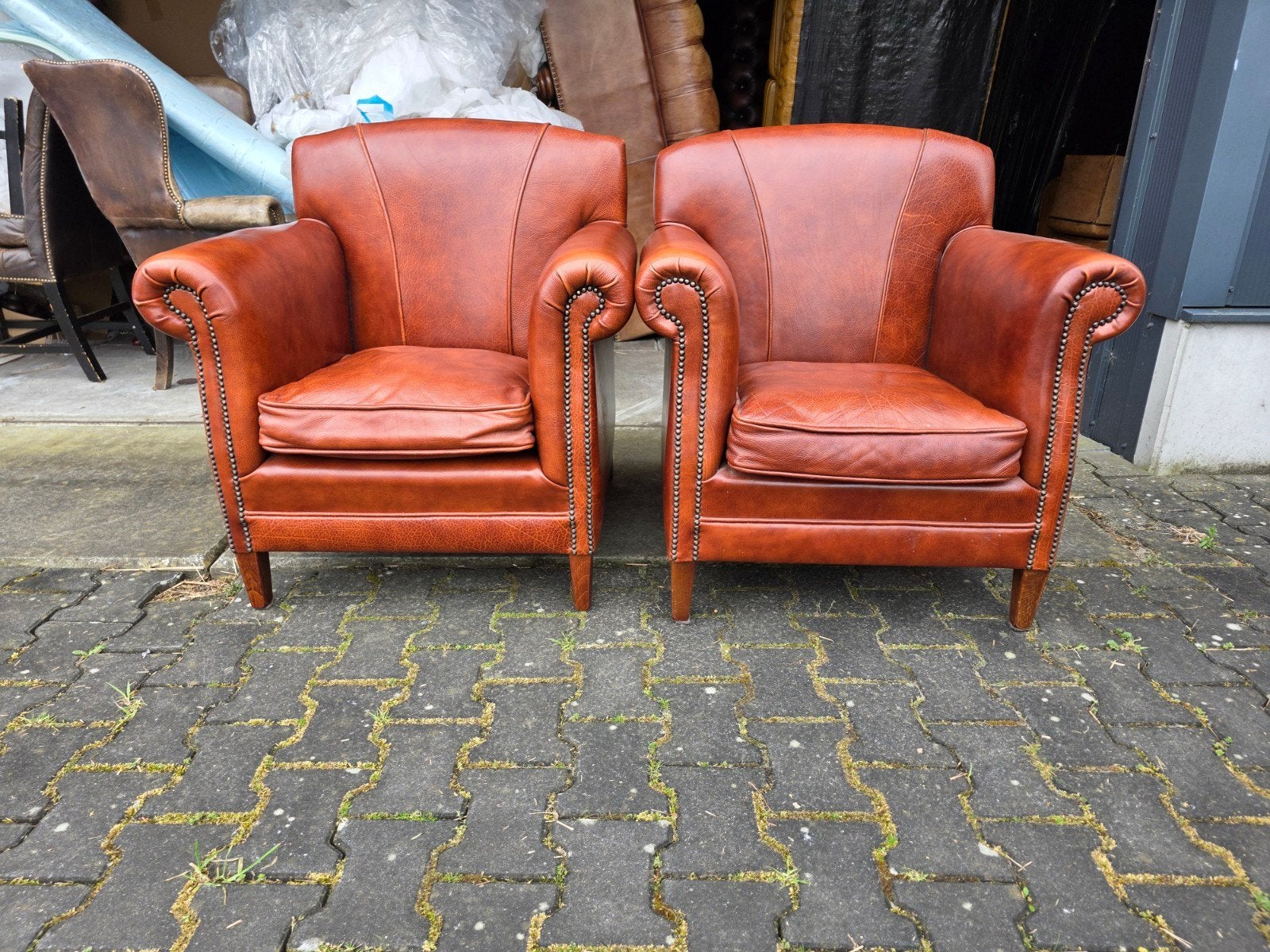 2x Chesterfield fauteuil cognac klassiek leer, Huis en Inrichting, Gebruikt, Art deco, ., Ophalen of Verzenden