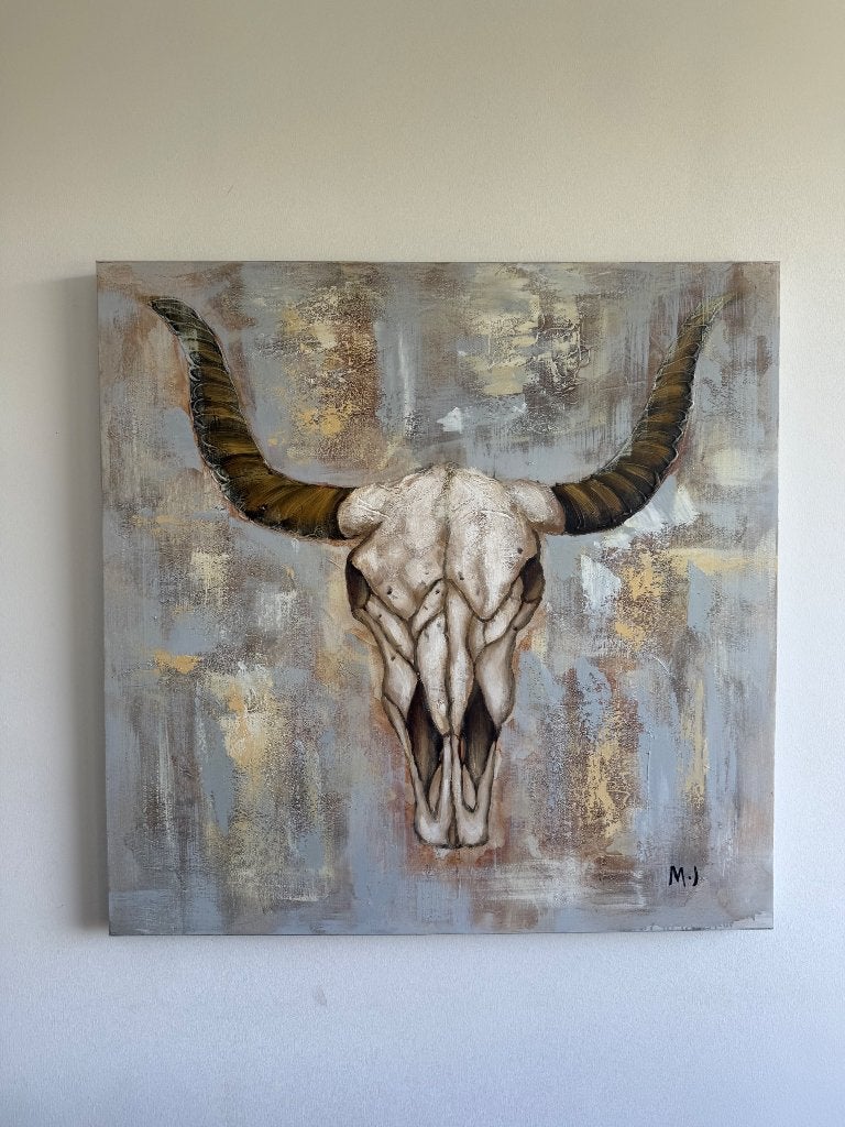 “White Cow Skull” schilderij door M.J. 100x100, Antiek en Kunst, Kunst | Schilderijen | Modern, Ophalen, Handgeschilderd, Dieren